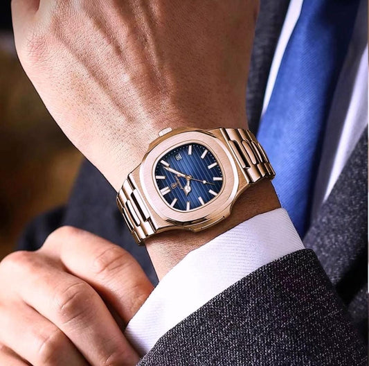 Poedagar Luxury Rose Gold Men's Date-Time Watch - Rose Gold - Blue Dial