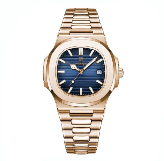 Poedagar Luxury Rose Gold Men's Date-Time Watch - Rose Gold - Blue Dial